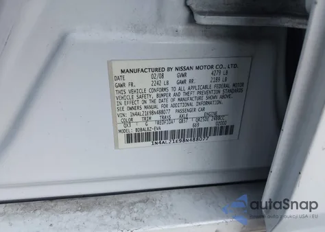 2008 Nissan Altima 2.5 S z USA, uszkodzony, nr VIN 1N4AL21E98N488077